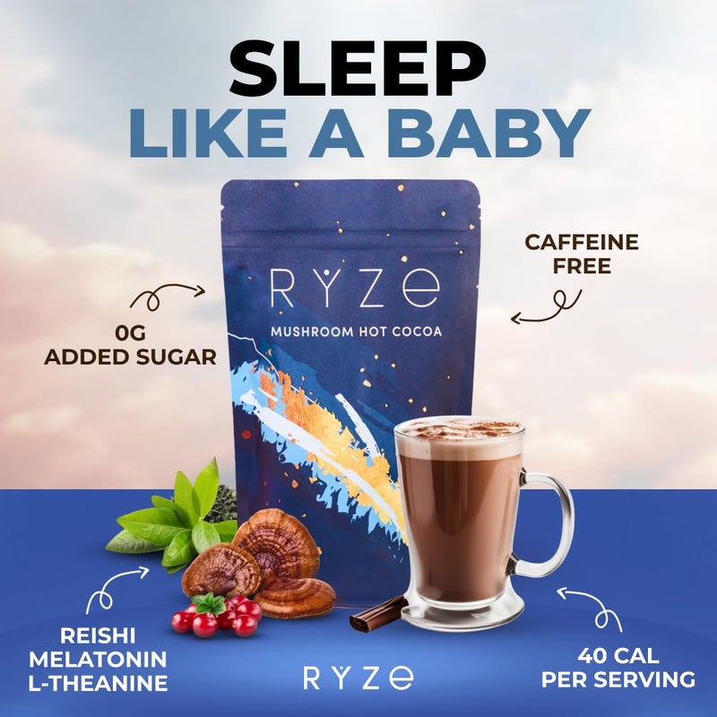 RYZE SUPERFOODS Mushroom Hot Cocoa Melatonin Sleep Supplement, Keto Cocoa Powder with Reishi Mushroom, Melatonin, Glycine, Cacao, L-Theanine, Chicory to Help Fall Asleep and Stay Asleep, 20 Servings - Image 2